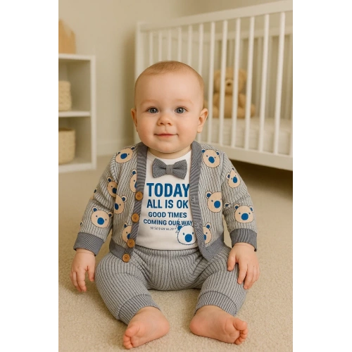 Papyonlu Bear Çizgili Model Ceketli 3lü Erkek Bebek Takımı