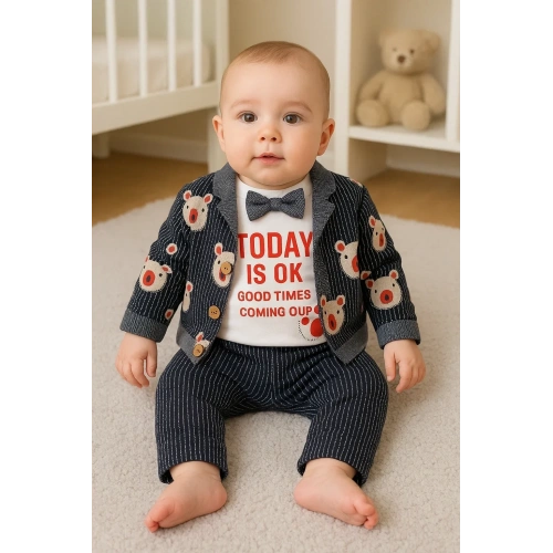 Papyonlu Bear Çizgili Model Ceketli 3lü Erkek Bebek Takımı