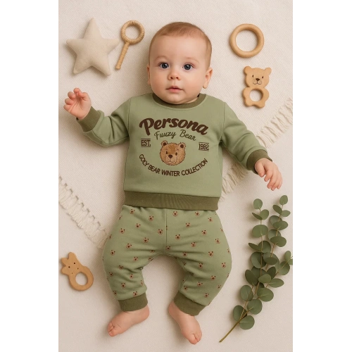 Persona Bear Nakışlı % 100 Pamuk 2li Erkek Bebek Takım