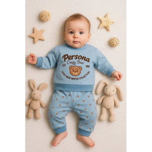 Persona Bear Nakışlı % 100 Pamuk 2li Erkek Bebek Takım