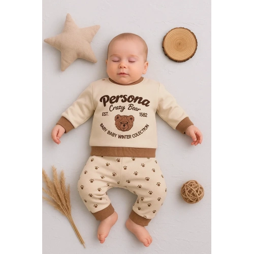 Persona Bear Nakışlı % 100 Pamuk 2li Erkek Bebek Takım