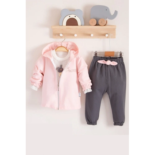 Prences Nakışlı Kapişonlu 3lü % 100 Pamuk Kız Bebek Takımı