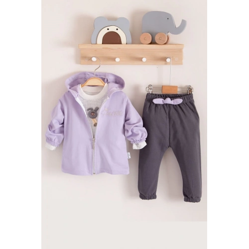 Prences Nakışlı Kapişonlu 3lü % 100 Pamuk Kız Bebek Takımı