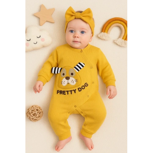 Pretty Dog Nakışlı Bandanalı % 100 Pamuk Kız Bebek Tulumu