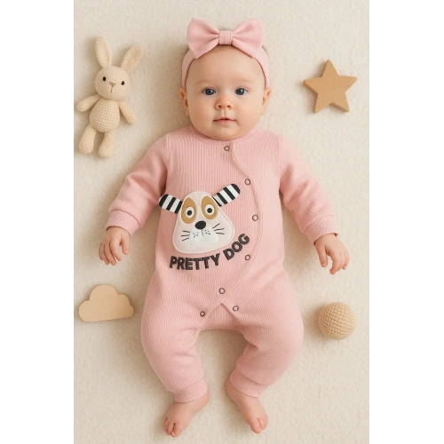 Pretty Dog Nakışlı Bandanalı % 100 Pamuk Kız Bebek Tulumu