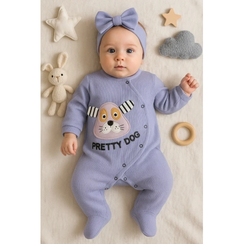 Pretty Dog Nakışlı Bandanalı % 100 Pamuk Kız Bebek Tulumu