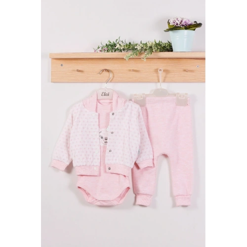 Puan Desenli Kapişonlu % 100 Pamuk 3lü Kız Bebek Takım