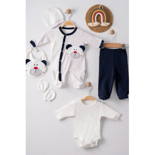Puanlı Ayıcık Nakışlı Tulumlu % 100 Pamuk Erkek Bebek 5li Set