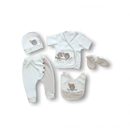 Romantik Çift Baykuş Nakışlı  5li Zıbın Takımı Hastane Çıkışı Ekru