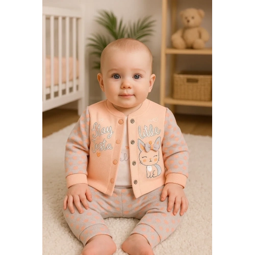 Stay Little Puan Desenli 3lü Hırkalı Kız Bebek Takım