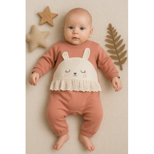 Tavşan Nakışlı Güpürlü % 100 Pamuk Kız Bebek Tulum