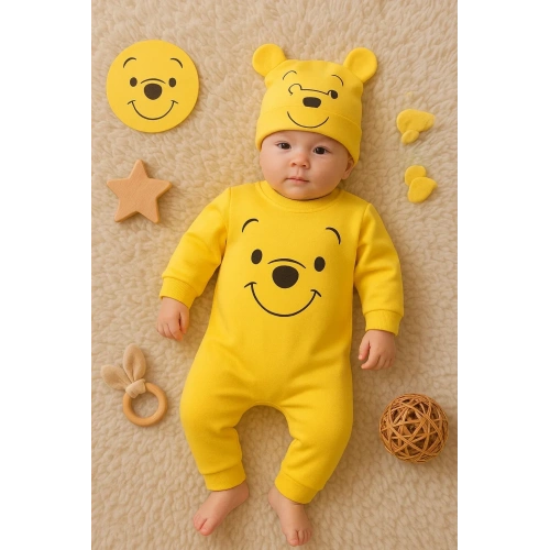 The Bear Desenli % 100 Pamuk Şapkalı Tulum