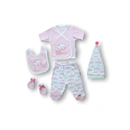 Uykucu Bulut Nakışlı  5li Zıbın Takımı Hastane Çıkışı Pembe