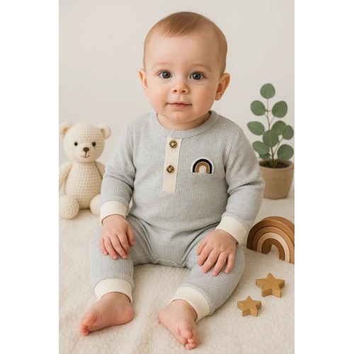 Waffle Gökkuşağı Nakışlı Erkek Bebek Tulumu