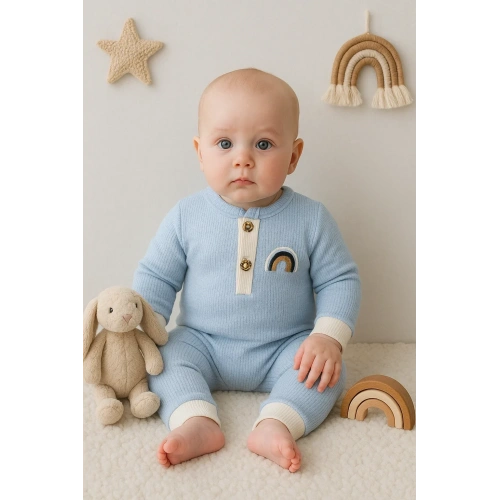 Waffle Gökkuşağı Nakışlı Erkek Bebek Tulumu