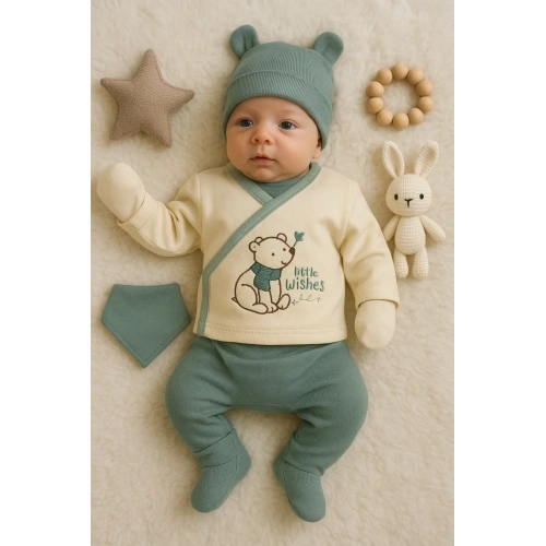 Waffle Natural % 100 Pamuk 5li Erkek Bebek Hastane Çıkış Seti