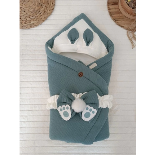 Yenidoğan 4 Kat Müslin Kumaş Kulaklı Patili Fiyonk Bebek Battaniyesi Kundak Kahverengi