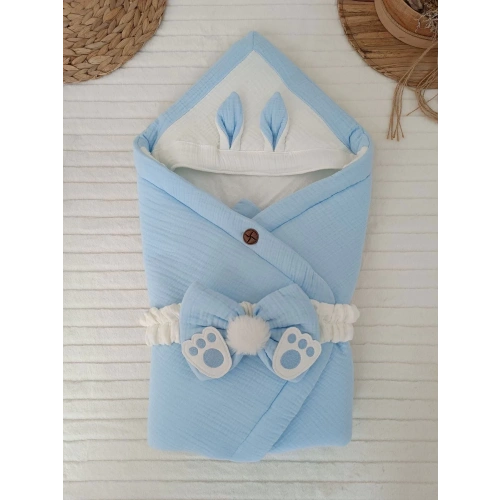 Yenidoğan 4 Kat Müslin Kumaş Kulaklı Patili Fiyonk Bebek Battaniyesi Kundak Mavi