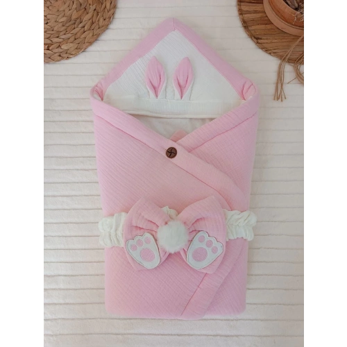 Yenidoğan 4 Kat Müslin Kumaş Kulaklı Patili Fiyonk Bebek Battaniyesi Kundak Pembe