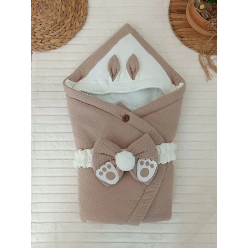 Yenidoğan 4 Kat Müslin Kumaş Kulaklı Patili Fiyonk Bebek Battaniyesi Kundak Yeşil