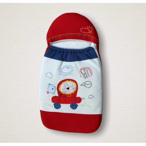 Yenidoğan Arabalı Aslan Nakışlı Fermuarlı Şapkalı Klasik Kundak Bebek Battaniyesi Mavi