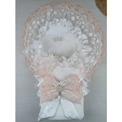 Yenidoğan Bal Peteği Taç Nakışlı Lüks Kundak Bebek Battaniyesi Ekru