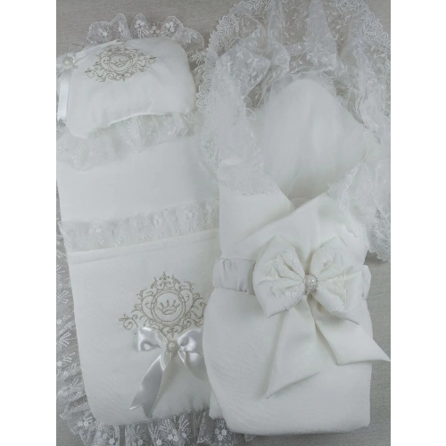 Yenidoğan Bambu Taç Nakışlı Kundaklı Trilüks 3lü Alt Açma Seti Ekru