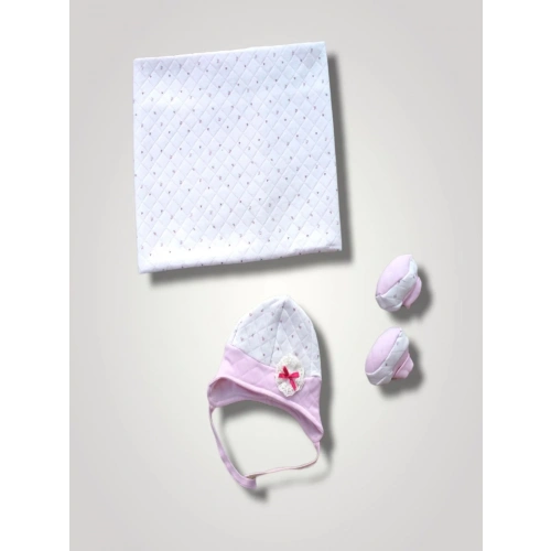 Yenidoğan Baskılı Double Face Şapka Ve Patikli 3lü Bebek Battaniye Takımı Pembe