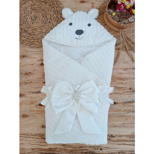 Yenidoğan Beyaz Wool Yün Kumaş Ayıcık Kulaklı Kundak Bebek Battaniyesi Beyaz
