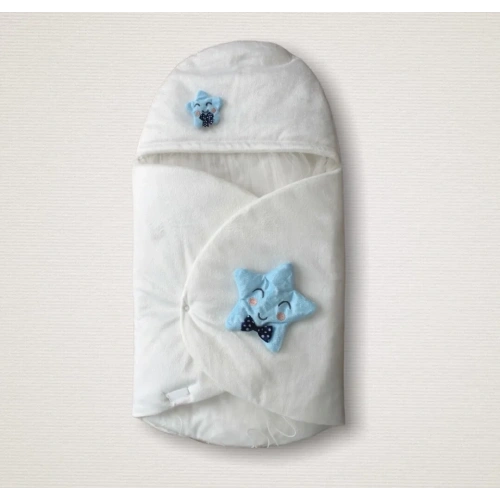Yenidoğan Çift Yıldız Detaylı Şapkalı Duvaklı Erkek Bebek Klasik Kundak Bebek Battaniyesi Ekru