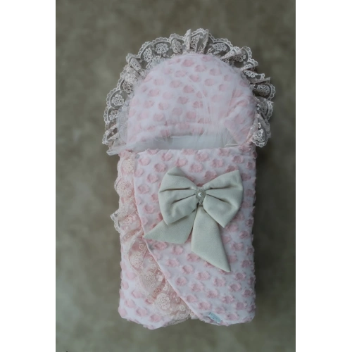 Yenidoğan Dörtlü Koza Dantelli Kız Kundak Bebek Battaniyesi Pembe