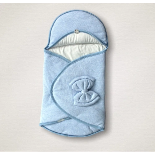 Yenidoğan Düğme Detaylı Çizgi Efektli Çift Fiyonk Klasik Kundak Bebek Battaniyesi Mavi