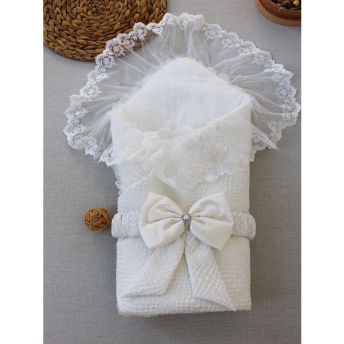 Yenidoğan Erguvan Kenar Fistolu Kundak Bebek Battaniyesi Ekru