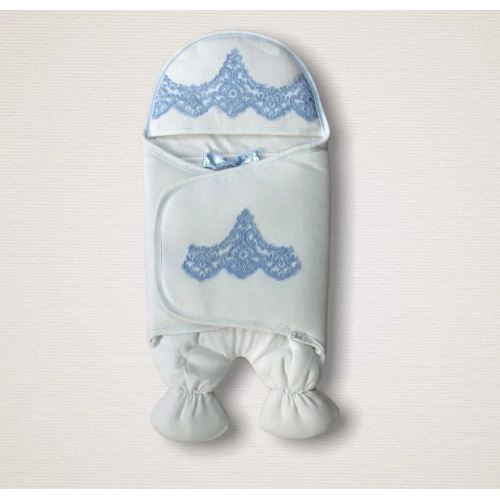 Yenidoğan Fistolu Fiyonk Kurdelalı Şapkalı Lüks Kız Erkek Bebek Ayaklı Kundak Bebek Battaniyesi Mavi