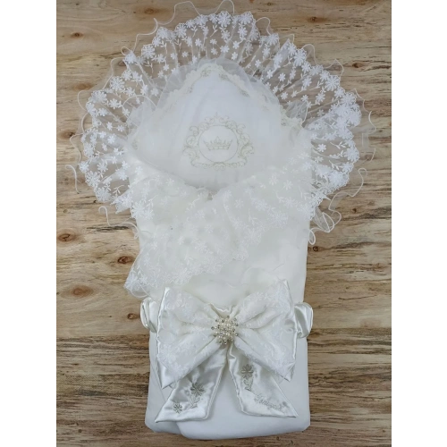 Yenidoğan İpek Venüs Taç Nakışlı Delüks Kundak Bebek Battaniyesi Ekru