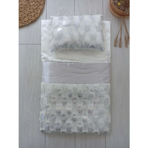 Yenidoğan İzmir İncisi Tül İşlemeli Pamuklu Fiyonklu Kundaklı Lüks 3lü Alt Açma Seti Gümüş