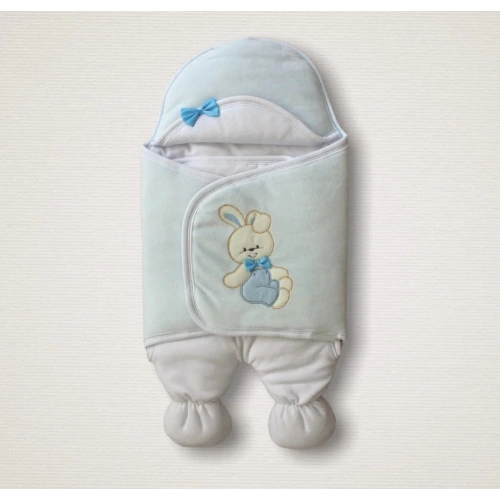 Yenidoğan Kadife Kumaş Ayıcık Nakışlı Şapkalı Kız Erkek Bebek Ayaklı Kundak Bebek Battaniyesi Mavi