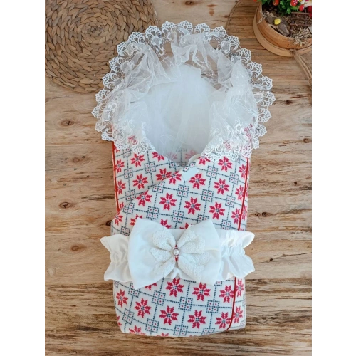 Yenidoğan Kar Tanesi Desenli Dantelli Duvaklı Bebek Battaniyesi Kundak Ekru