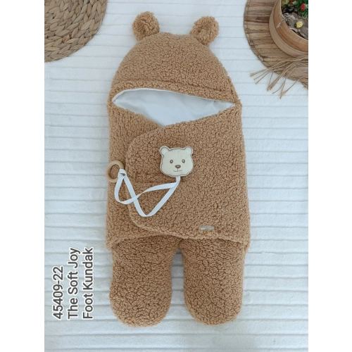 Yenidoğan Kulaklı Şapkalı Açılır Kucaklı Cırt Kapamalı Ayaklı Bebek Battaniyesi Kundak Kahverengi