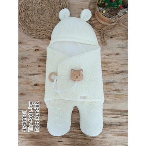 Yenidoğan Kulaklı Şapkalı Açılır Kucaklı Cırt Kapamalı Ayaklı Bebek Battaniyesi Kundak Krem