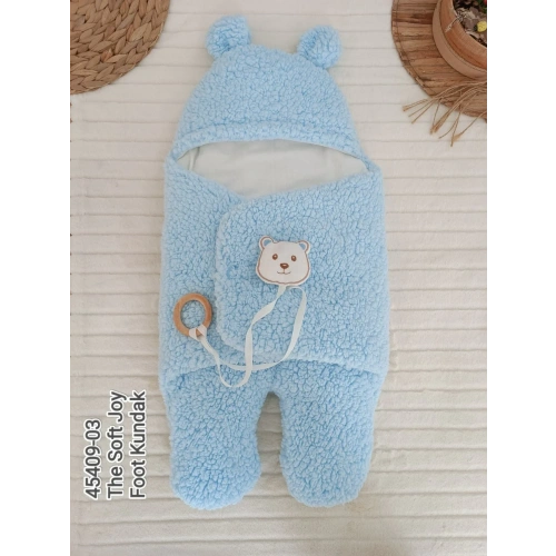 Yenidoğan Kulaklı Şapkalı Açılır Kucaklı Cırt Kapamalı Ayaklı Bebek Battaniyesi Kundak Mavi