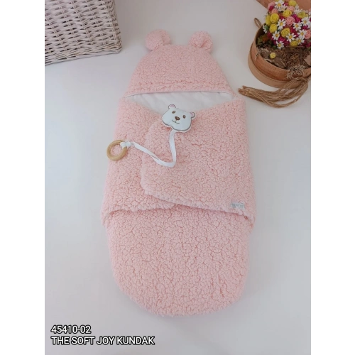 Yenidoğan Kulaklı Şapkalı Açılır Kucaklı Cırt Kapamalı Bebek Battaniyesi Kundak Pembe