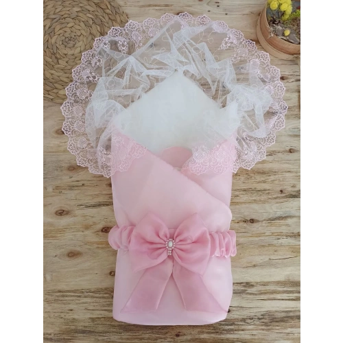 Yenidoğan Kumru İnci Fiyonk Kristal Parlak Duvaklı Kundak Bebek Battaniyesi Pembe