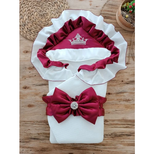 Yenidoğan Mehtap Lüks Kelebek Taç Nakışlı Bebek Battaniyesi Kundak Bordo
