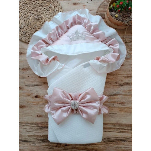 Yenidoğan Mehtap Lüks Kelebek Taç Nakışlı Bebek Battaniyesi Kundak Gül Kurusu