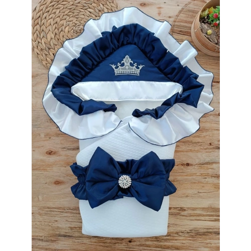 Yenidoğan Mehtap Lüks Kelebek Taç Nakışlı Bebek Battaniyesi Kundak Lacivert