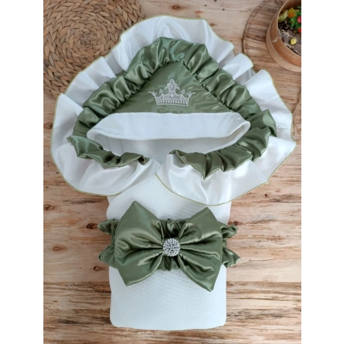 Yenidoğan Mehtap Lüks Kelebek Taç Nakışlı Bebek Battaniyesi Kundak Yeşil