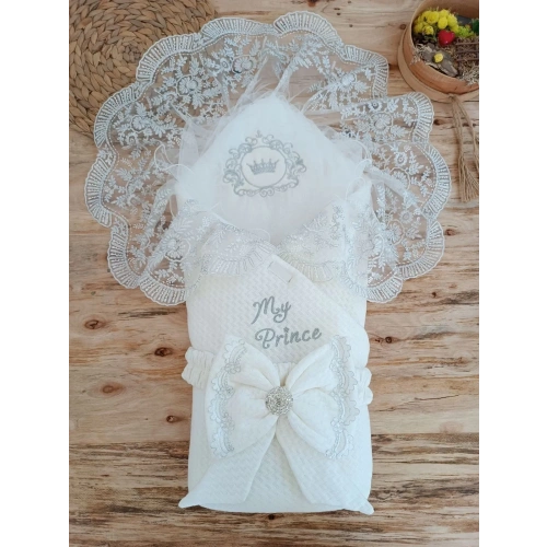 Yenidoğan Pamuk Taç Benim Prensim Nakışlı Trilüks Kundak Bebek Battaniyesi Ekru