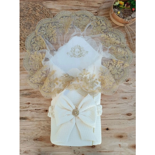 Yenidoğan Piramitland Taşlı Gold Güpür İşleme Bebek Battaniyesi Kundak Ekru