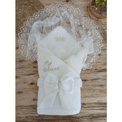Yenidoğan Sahra Taç Benim Prensesim Nakışlı Kundak Bebek Battaniyesi Ekru